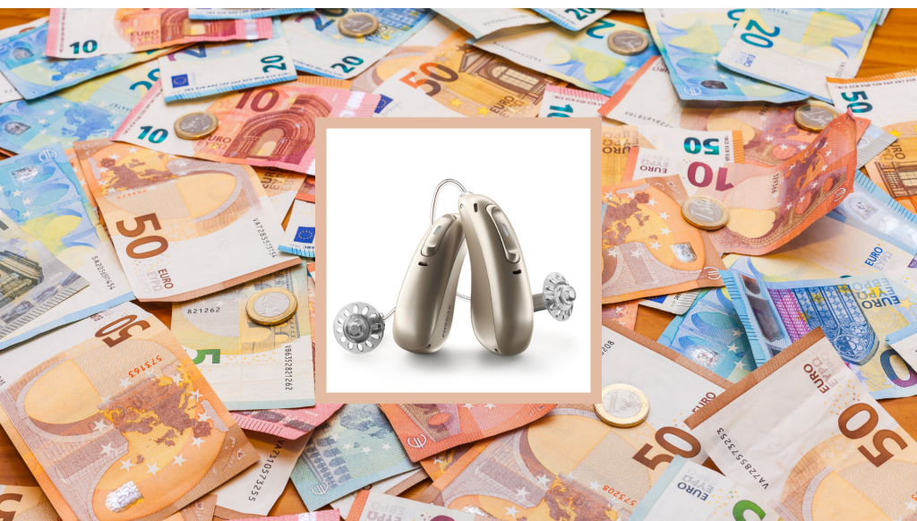 Hinter dem Ohr Hörgeräte sind vor verschiedenen Euro-Scheinen und Münzen abgebildet