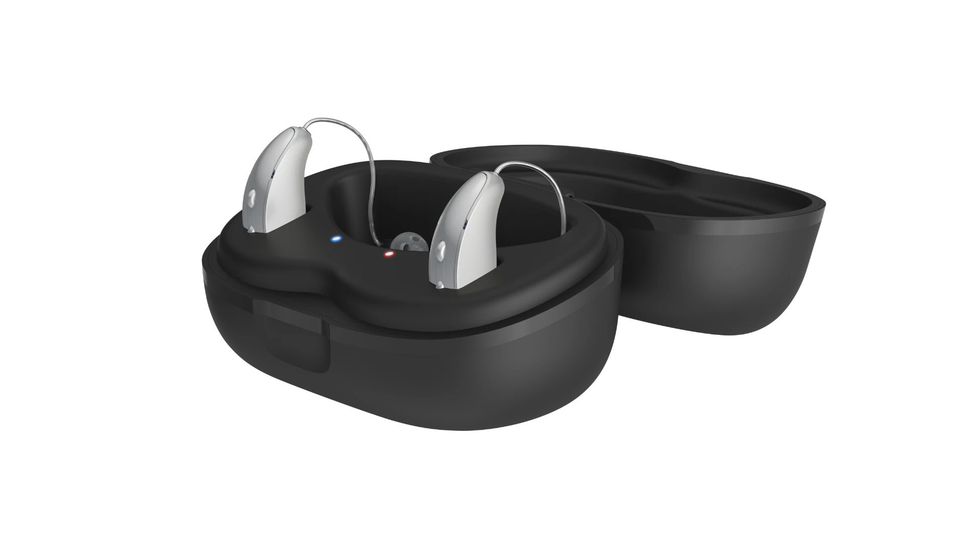 Starkey Omega AI Ladecase ReSound Nexia wird zwischen Daumen und Zeigefinger gehalten